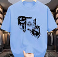 Men's mesh t-shirt with cartoon digital print showing round neck and short sleeve design