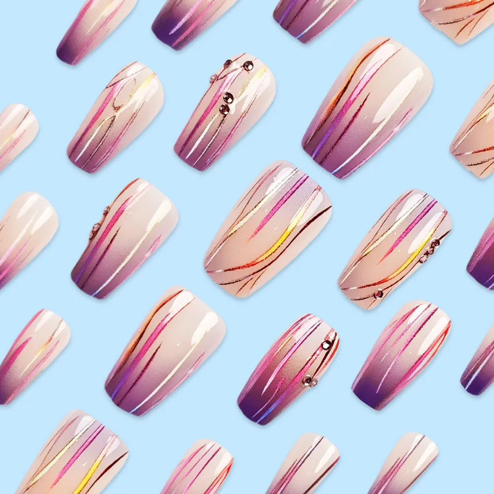 Magic Purple Line Gradient nail sticker set showing starry sky patterns with jelly glue tube