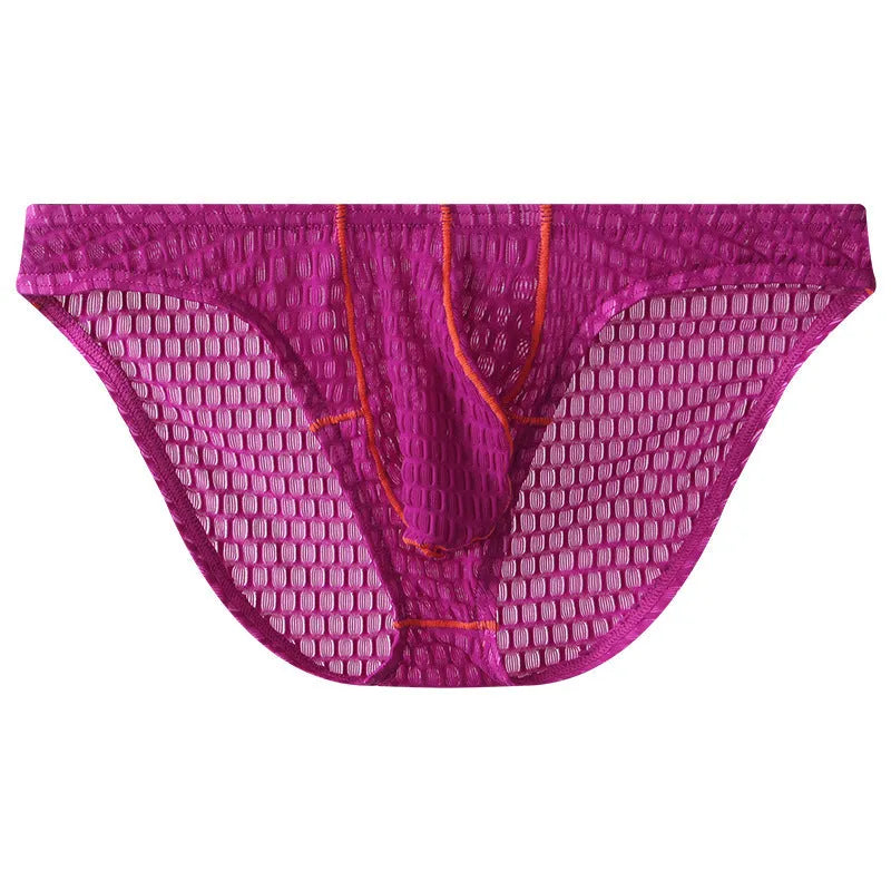 Men's solid colour low waist briefs in lace fabric for sports, shown in multiple colours.