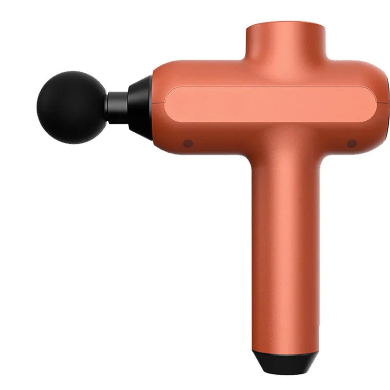 Handheld black muscle massager with six different coloured attachment heads on a white background.