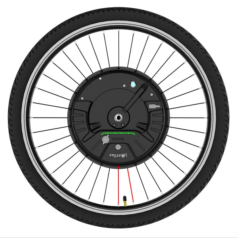 Yunzhilun 26-inch bicycle electric conversion kit showing alloy hub motor wheel, lithium battery, and charger.