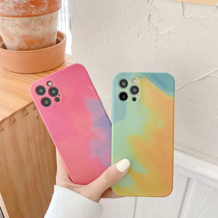 Soft silicone iPhone case with blue and purple abstract oil painting gradient geometry pattern.