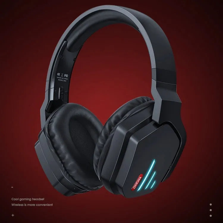 Luminous black wireless gaming headphones with head-mounted design on a dark background