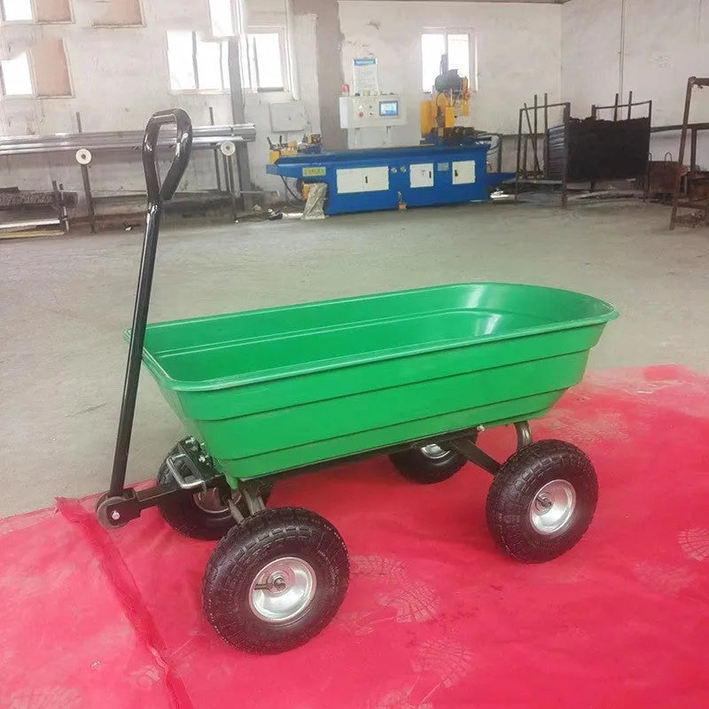 Green four-wheel plastic dumptruck with 350kg capacity for garden and construction use