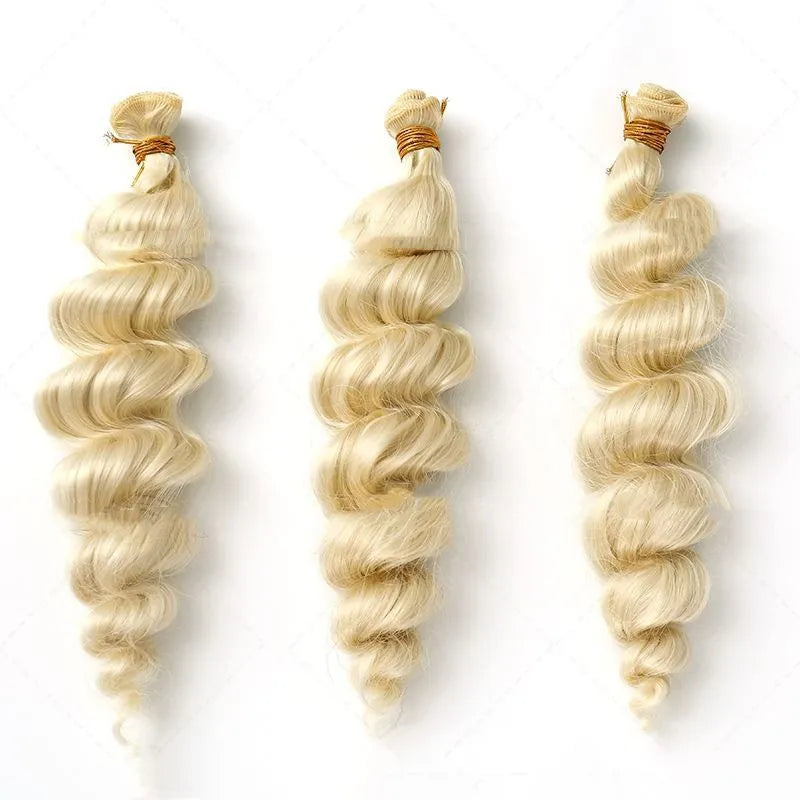 Golden synthetic women's wig showing length options of 18, 20 and 22 inches