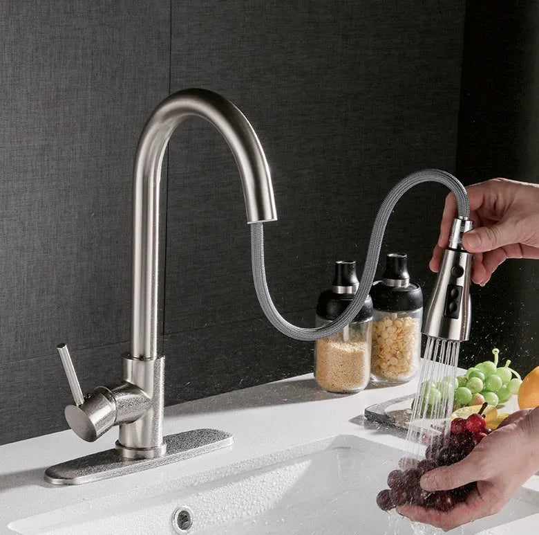 Brushed copper pull-out kitchen faucet with stainless steel body, single handle, and wire-drawn finish