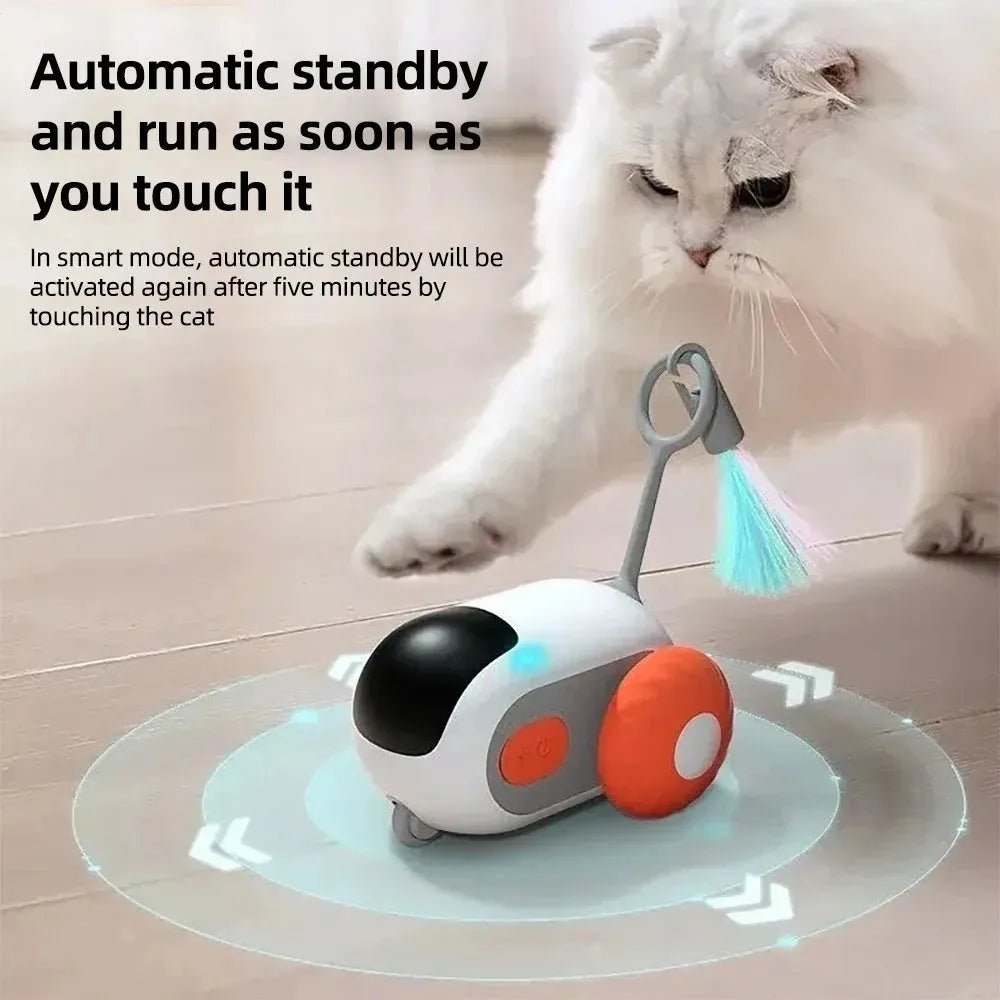 Blue smart cat toy car with feather teaser and remote control for interactive pet play