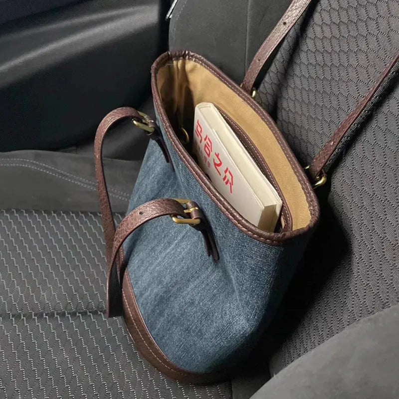 Denim colour patchwork one-shoulder bucket handbag with large capacity