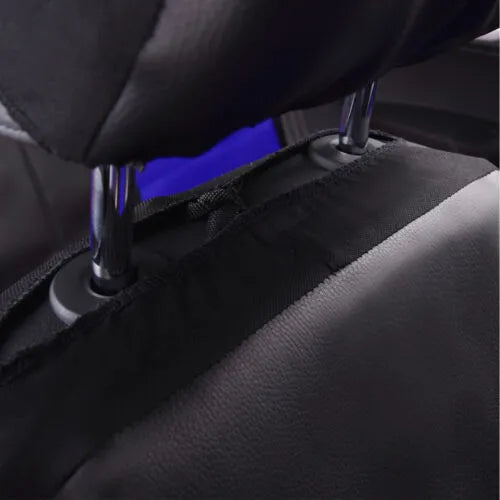 Set of black artificial leather car seat covers showing front and backseat pieces.