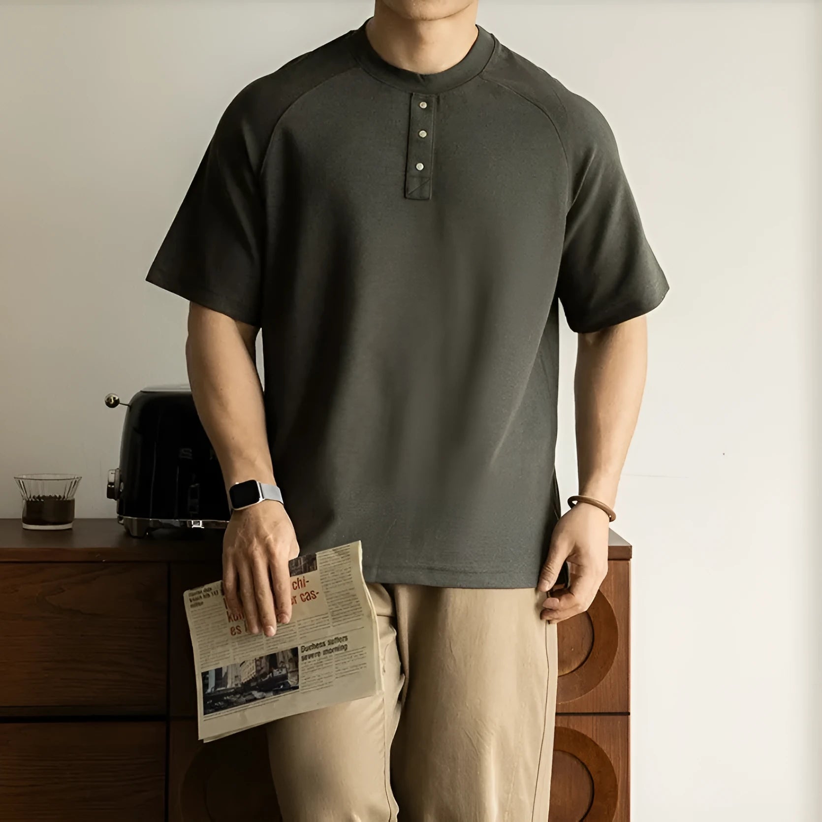 Casual loose pullover top with raglan sleeves in a terry texture fabric, shown in smoky grey.