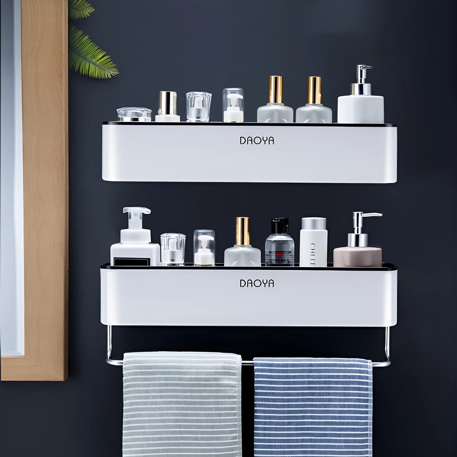 Plastic bathroom wall shelf with hole-free installation and polished surface