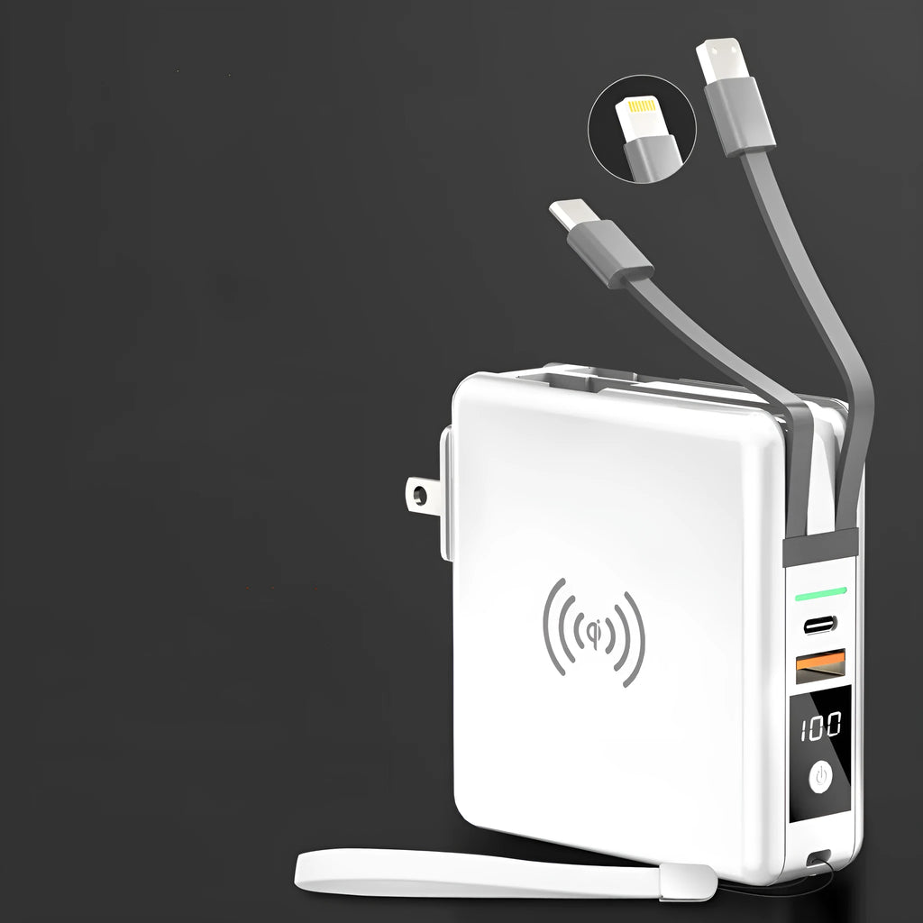 Black and white PD20W wireless power bank with 10000mAh capacity and international plugs