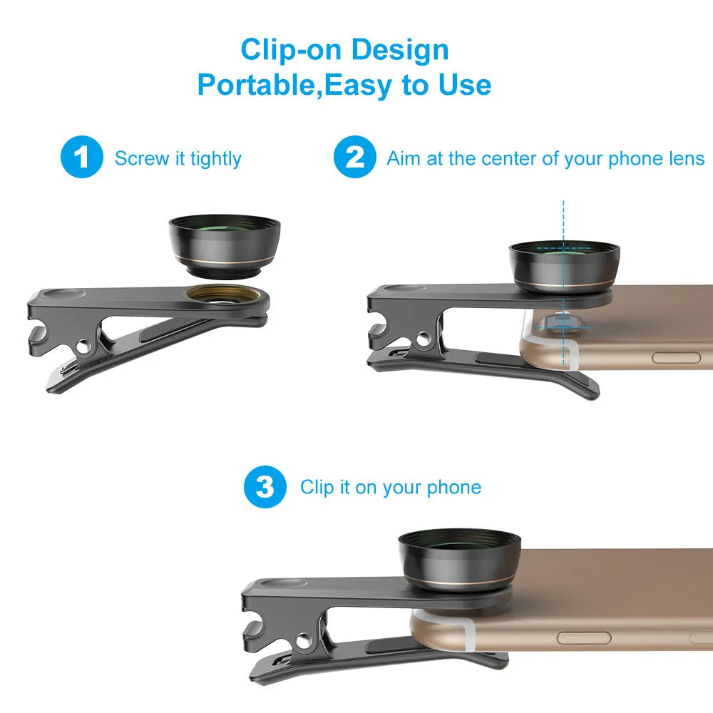 6 in 1 universal smartphone camera lens kit with fisheye, wide, macro, telephoto, CPL and star filter lenses and mounting clip.