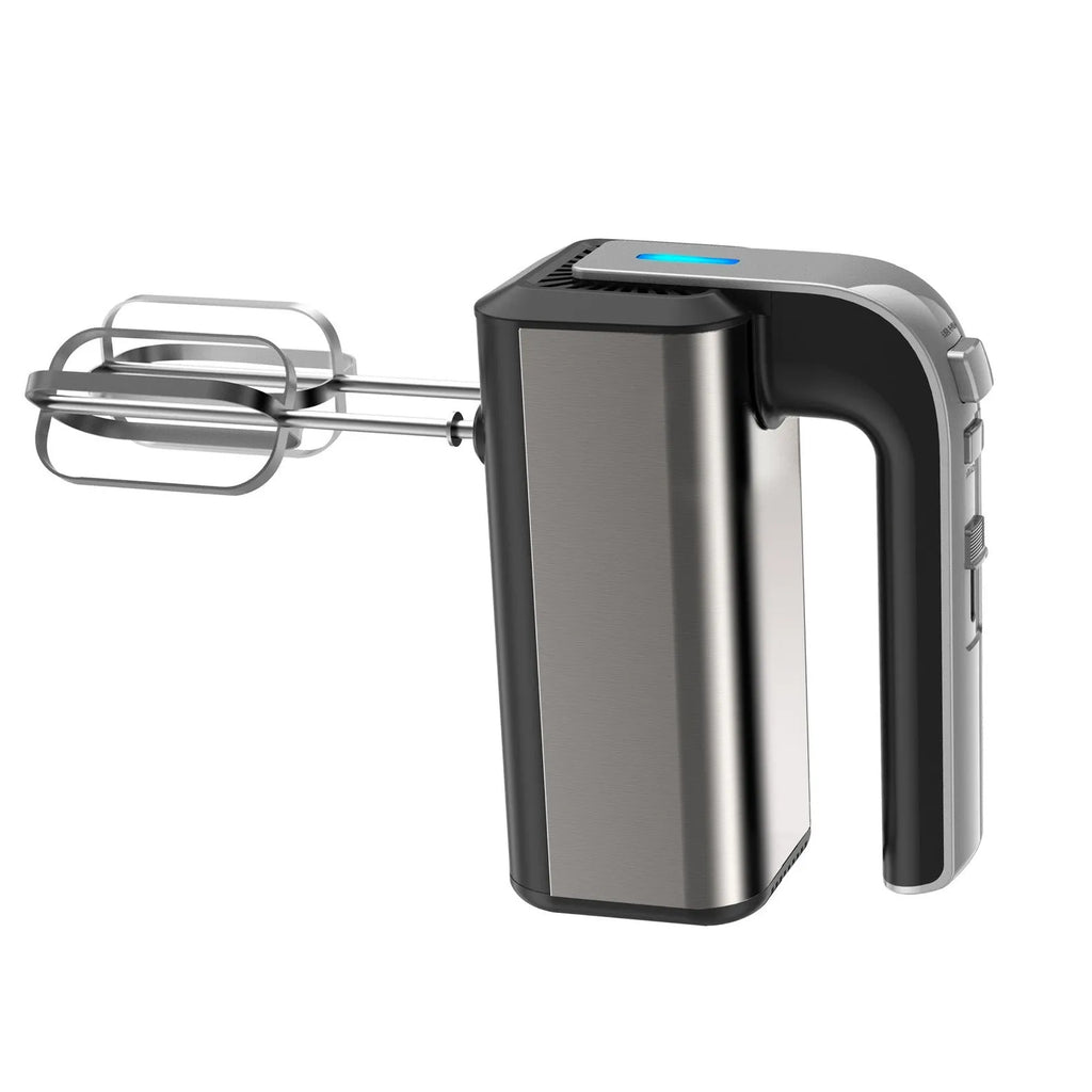 Silver mini electric hand whisk with stainless steel beaters on a kitchen counter.