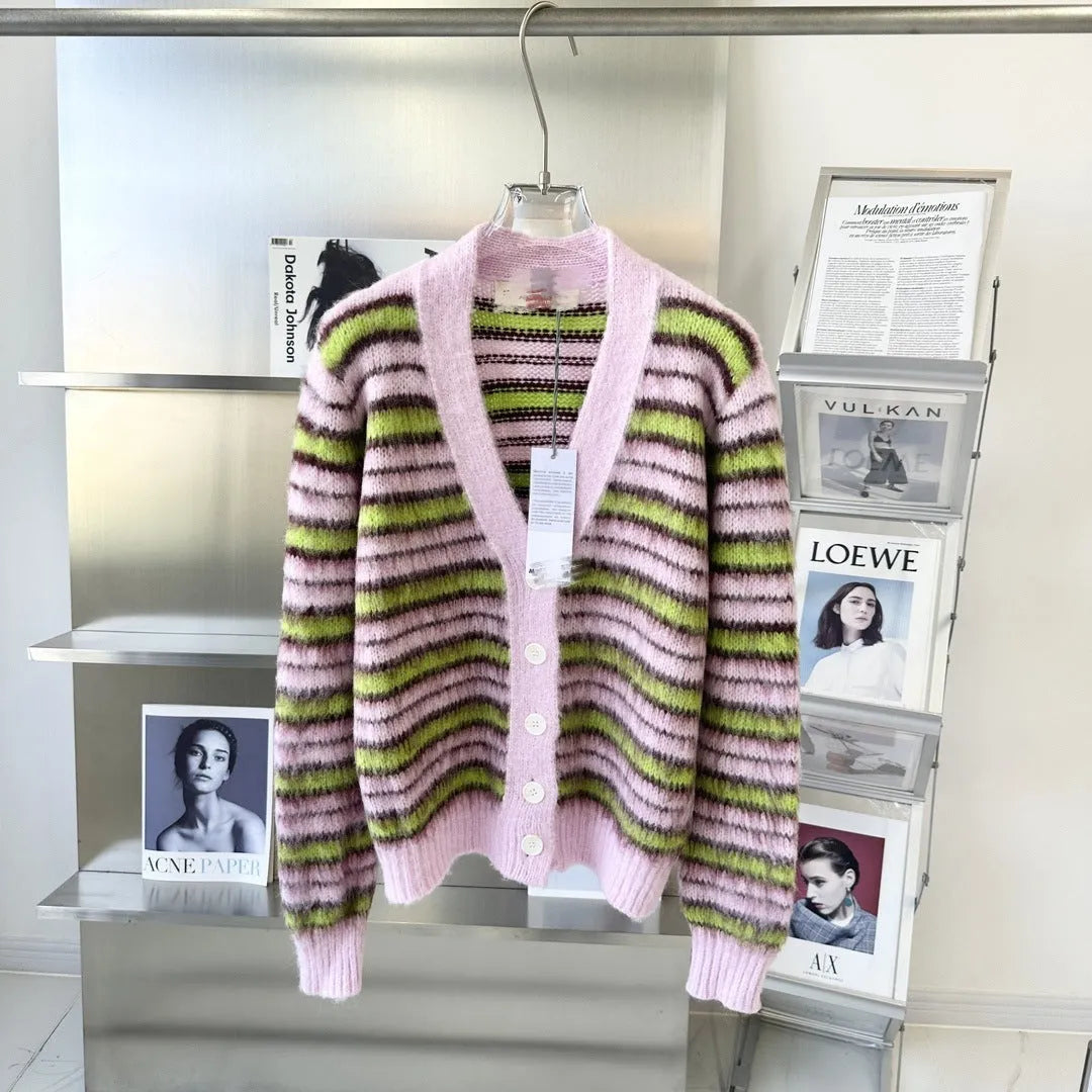 Pink wool knitted cardigan sweater with contrast colour details and regular sleeves