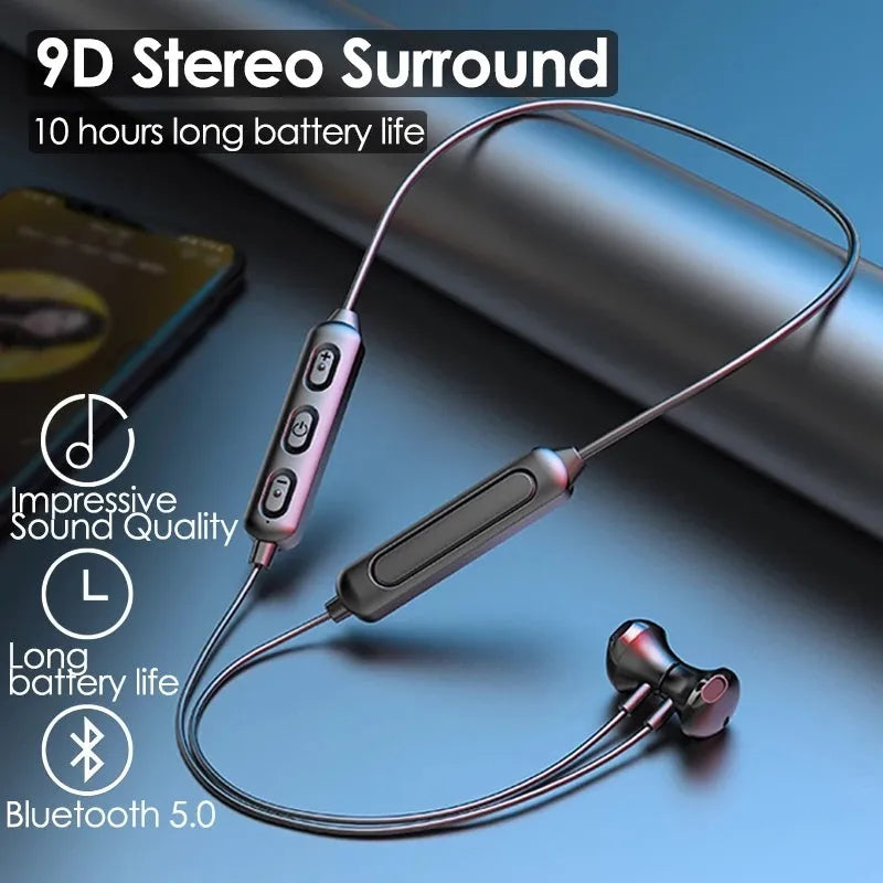 Black neck-mounted wireless sports earphones with Bluetooth 5.0 for hands-free calls and music