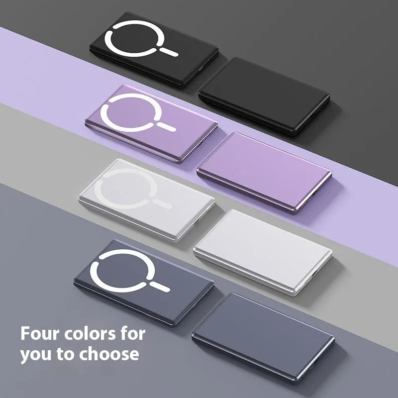 Ultra-thin dark grey magnetic power bank showing 9mm slim profile and compact size