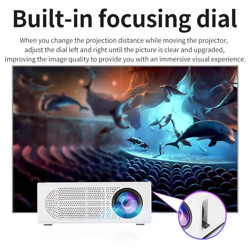 Black or white portable mini projector with wired mobile phone connection showing 320x240 resolution specification