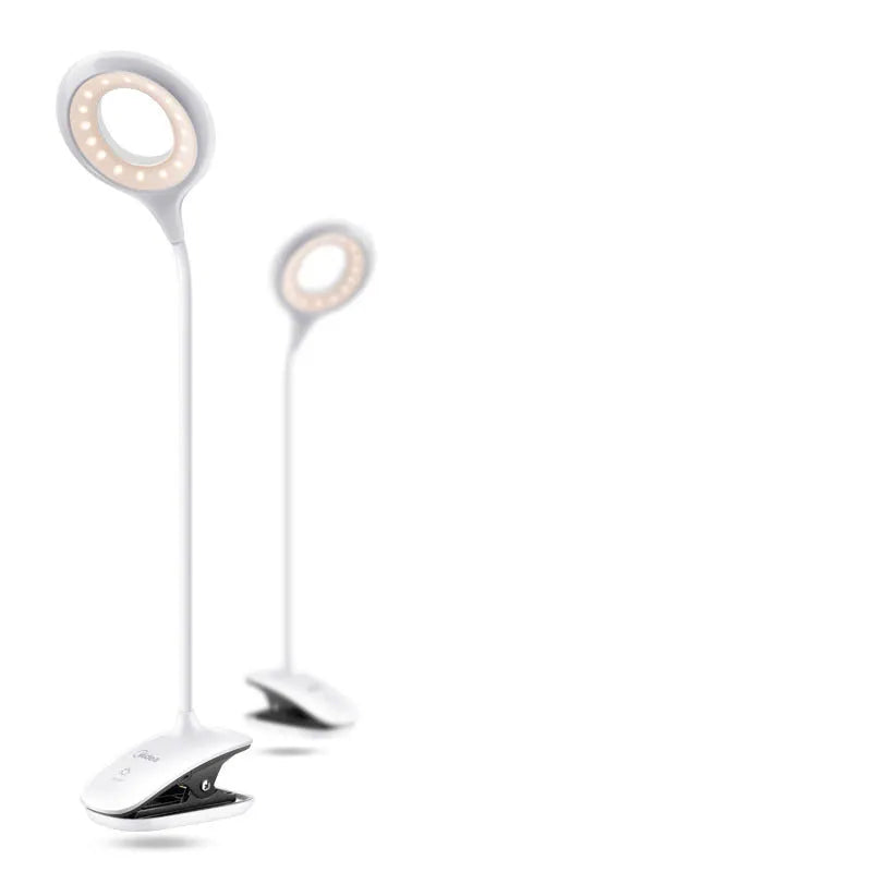 Green, pink, and white rechargeable USB table lamps with touch switch on a desk.
