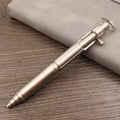 A retro-style brass tactical pen with a bolt-type metal design and press mechanism.