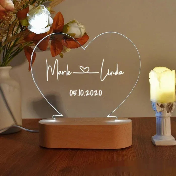 Custom names and date night light with 20cm acrylic plate and LED base