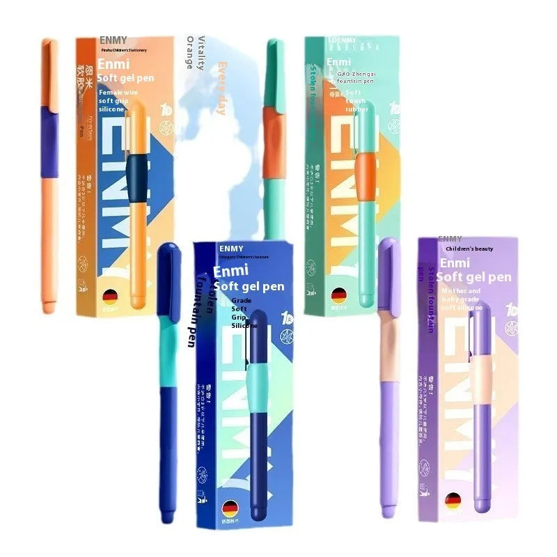 Plastic posture correction pen in a box, showing colour options: blue, green gradient, purple, and orange.