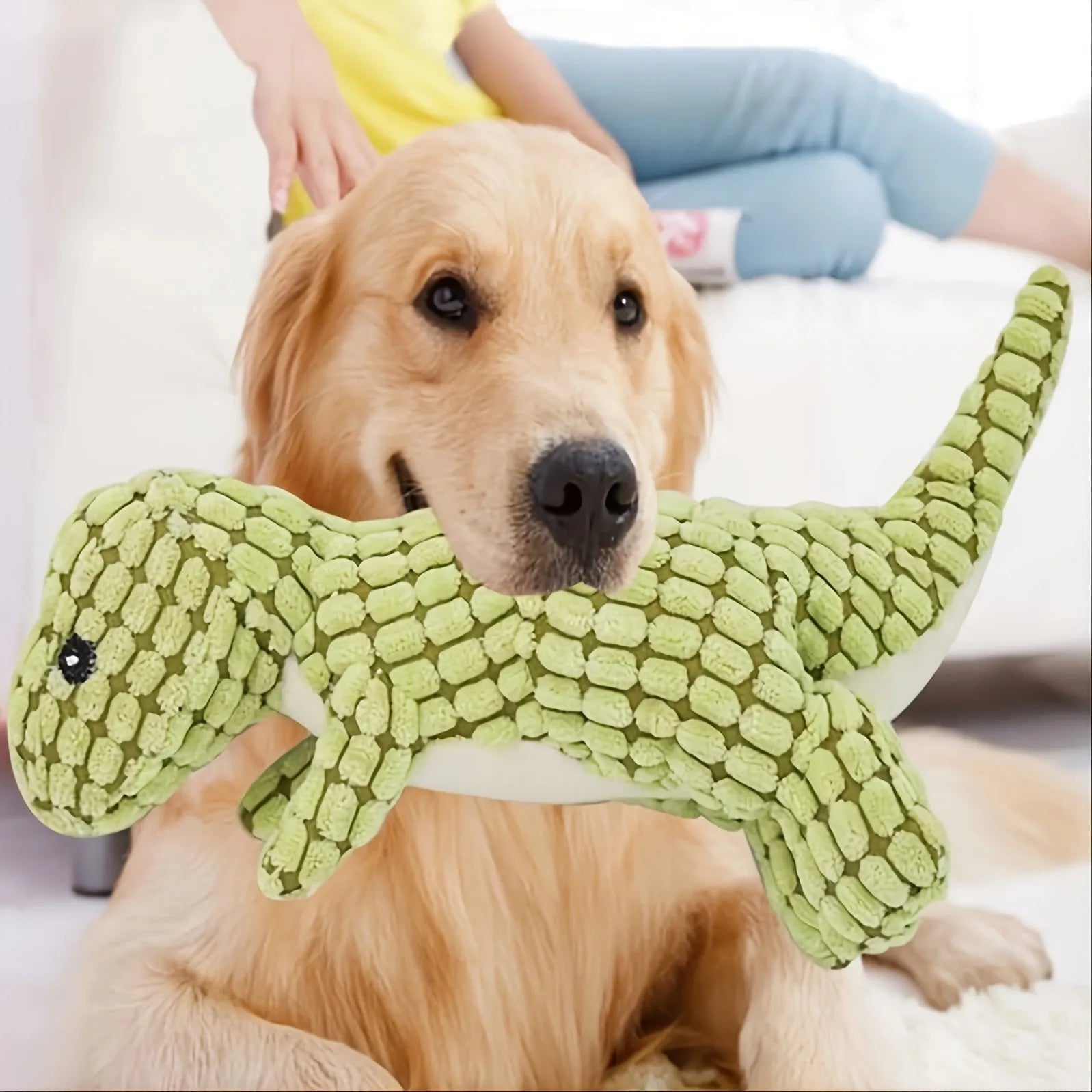 Grey, green, and orange bite-resistant dog toy with sound, shown with scale indicating 35cm length.