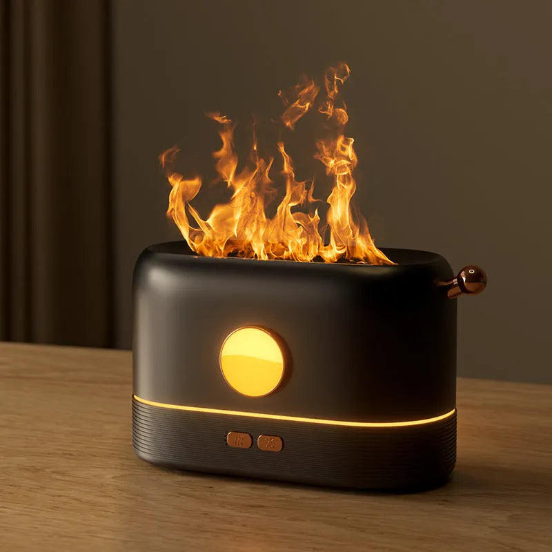Black USB desktop humidifier diffuser with realistic simulation flame effect and 200ml water tank