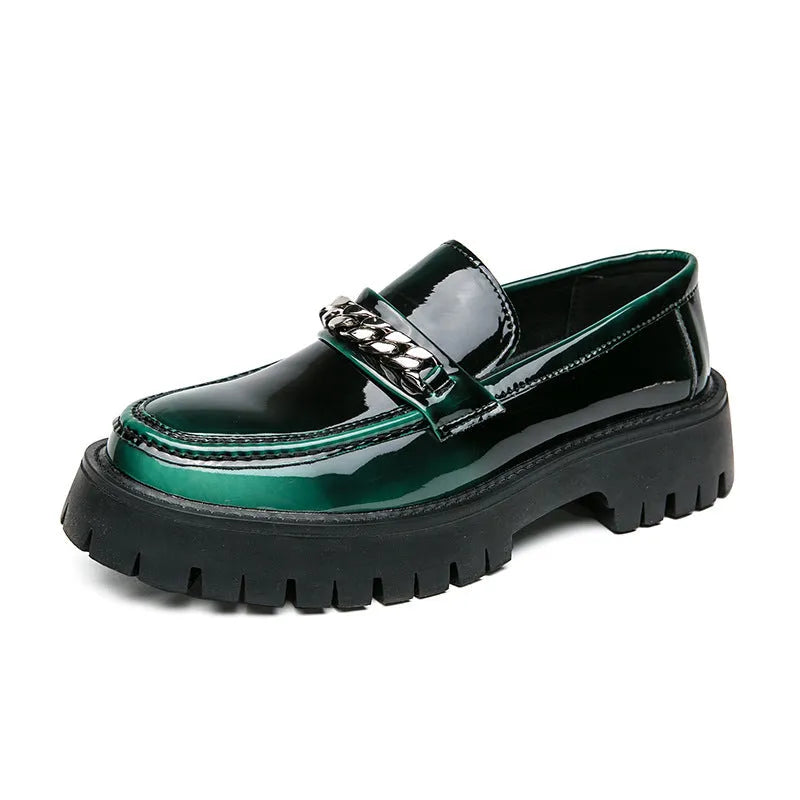 Glossy patent leather thick sole chunky heel loafers in green, round head, rubber non-slip sole, side view