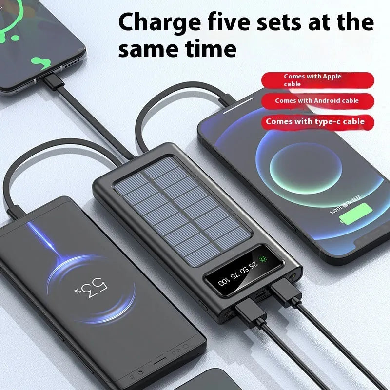 Black and white solar power bank with 20000mAh capacity and charging cable for mobile phones