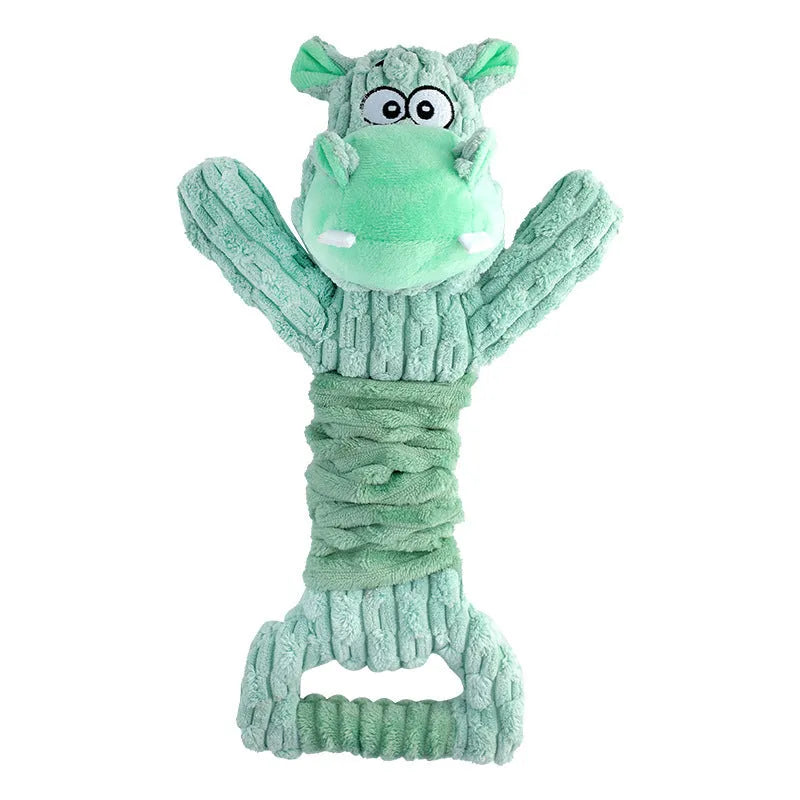 Large blue plush squeaky dog toy with handle for tug of war games