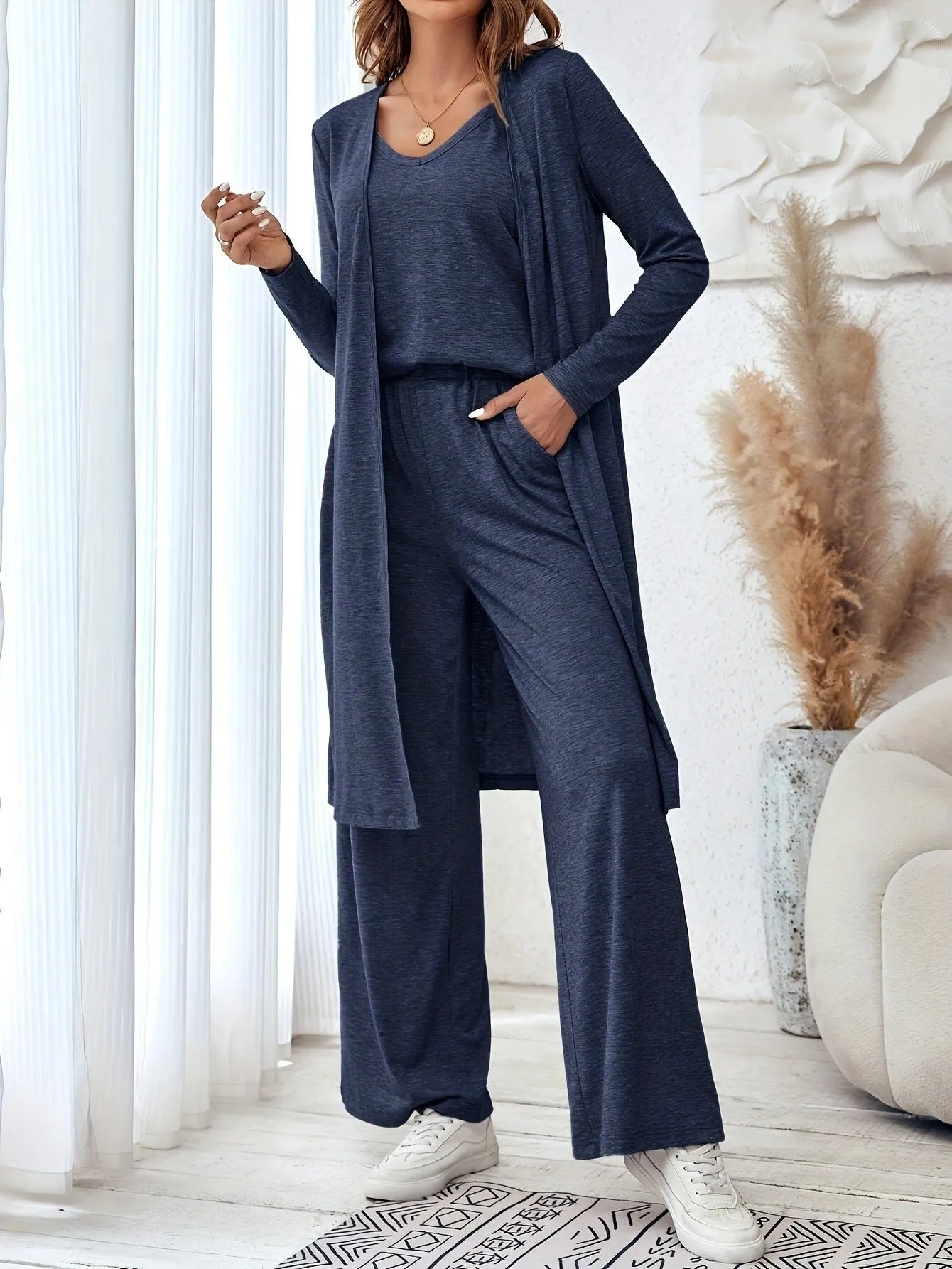 Blue women's three-piece casual suit set with cardigan, trousers and suspenders in Japanese Korean style