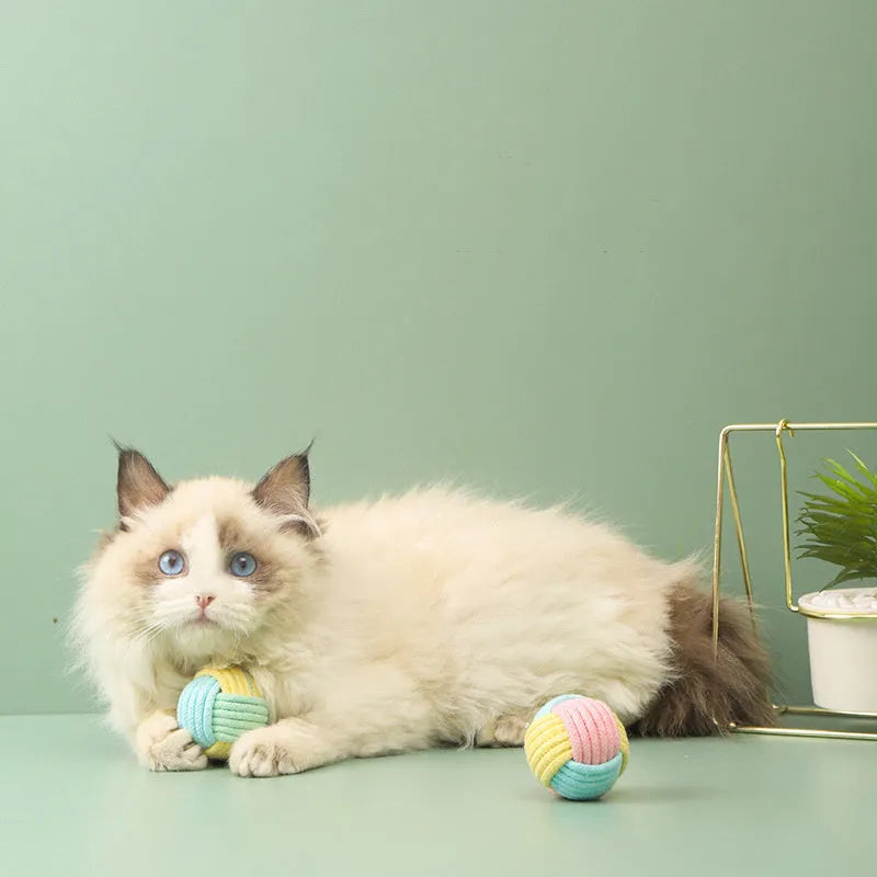 Handmade 5cm plush cotton ball cat toy in blue powder, green blue, and pink green colour options
