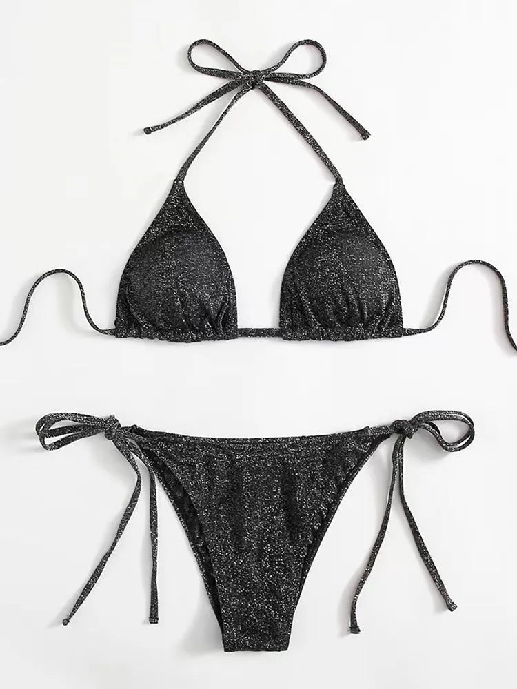 Women's bandage-style bikini swimsuit in polyester available in six colours with detailed size chart