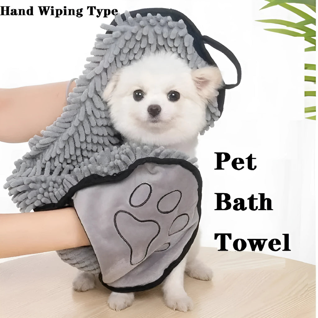 Soft fibre pet bath towel in blue, grey, purple, or red, measuring 62 cm by 23 cm.