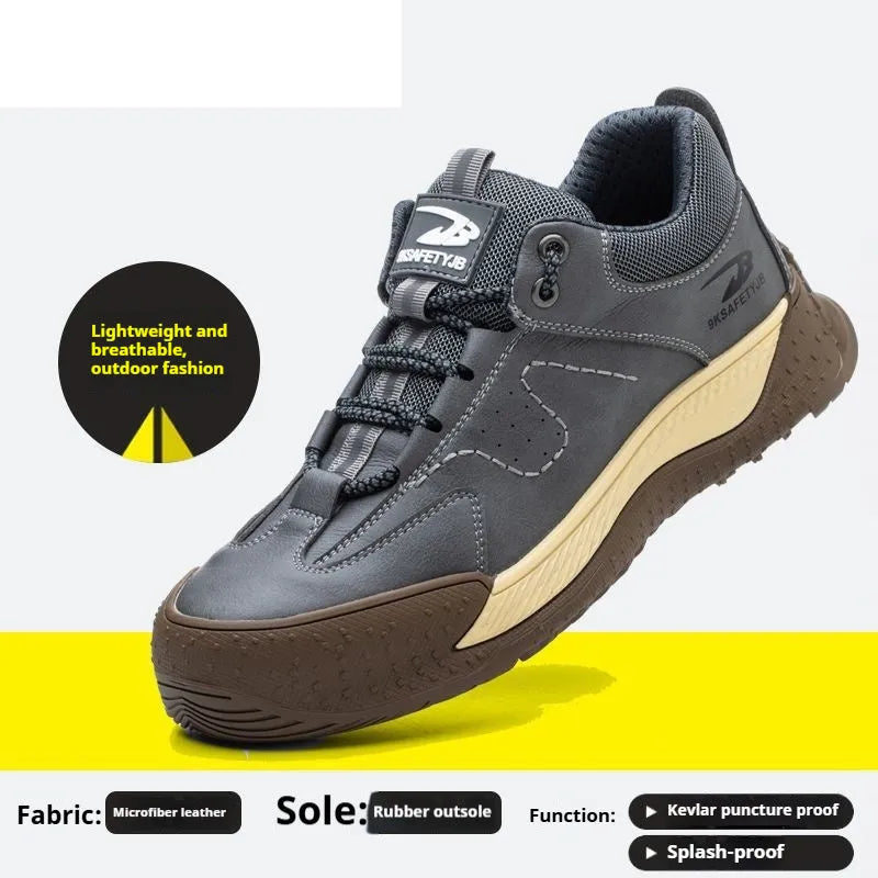 Flyknit leather safety work shoes with rubber soles in black, khaki, grey and insulated brown colour options