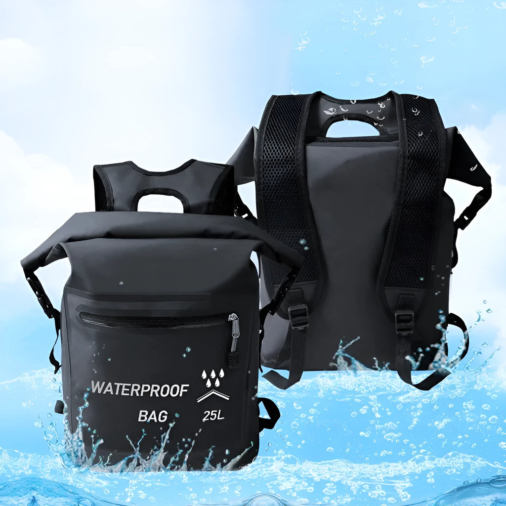 Black waterproof backpack dry bag with 25 litre capacity for water sports