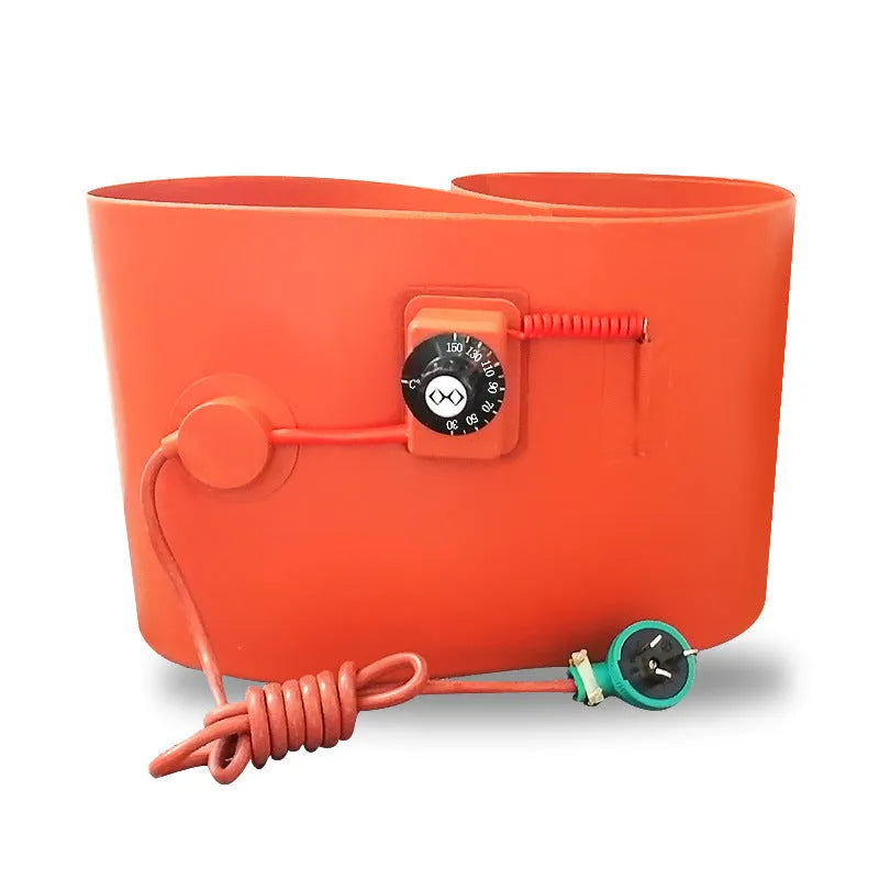 Silicone rubber heating belt wrapped around 200-litre oil drum with digital control display visible