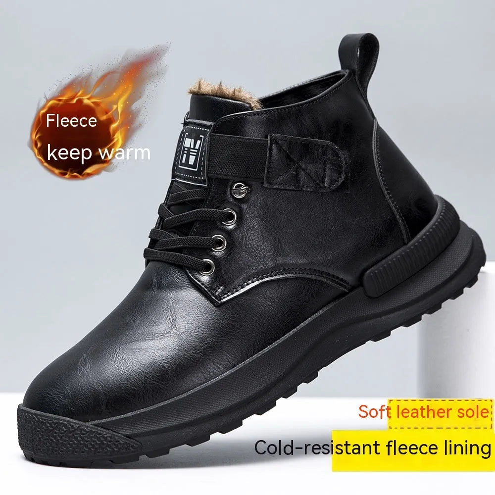 Black high-top platform Martin Boots for men with velvet finish and rubber sole.