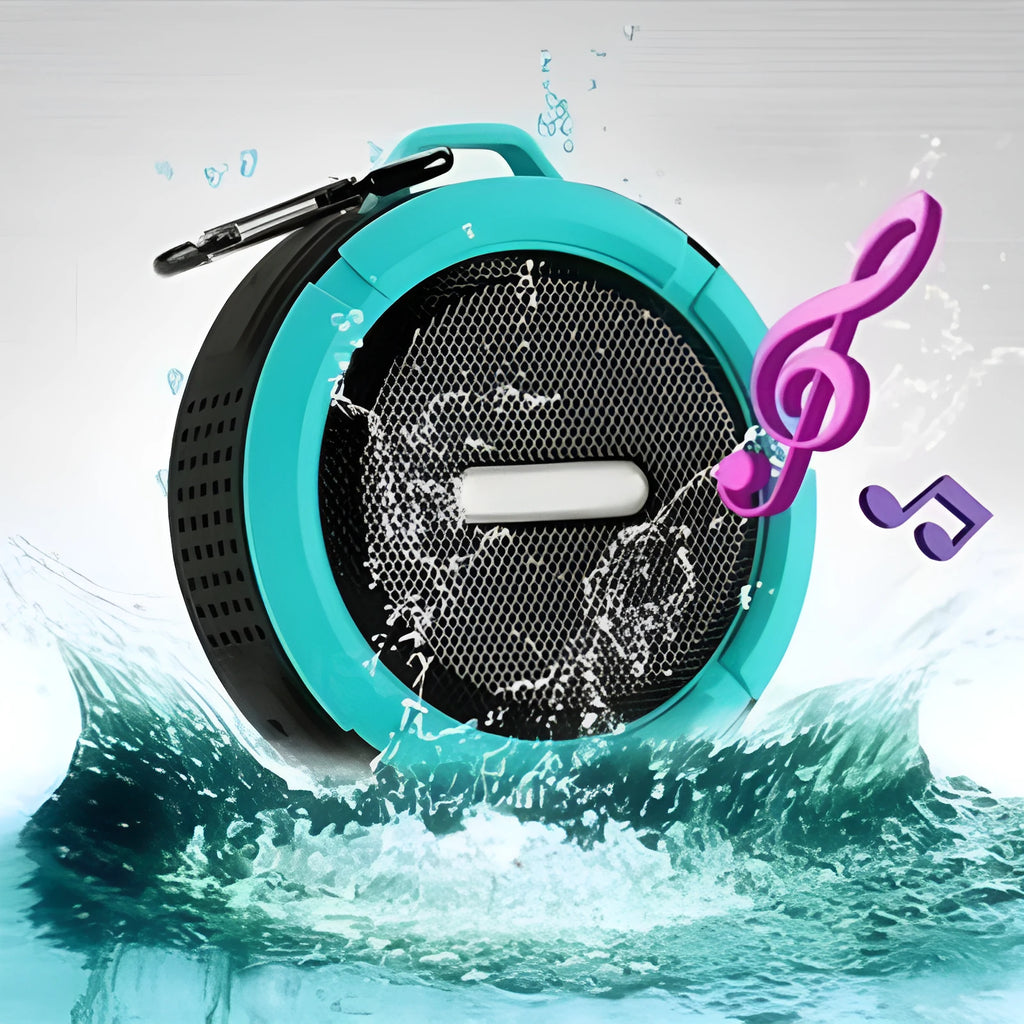 Portable waterproof Bluetooth speaker with carabiner clip in black, blue, green, red, or yellow colours