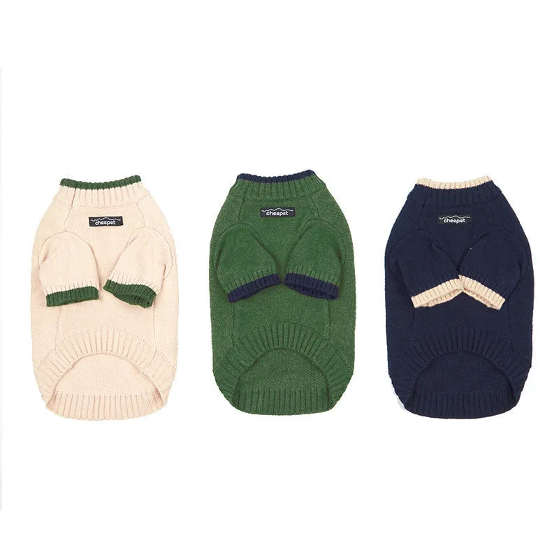 British style woollen dog sweater with contrast colour trim on a dog, showing two-leg design.