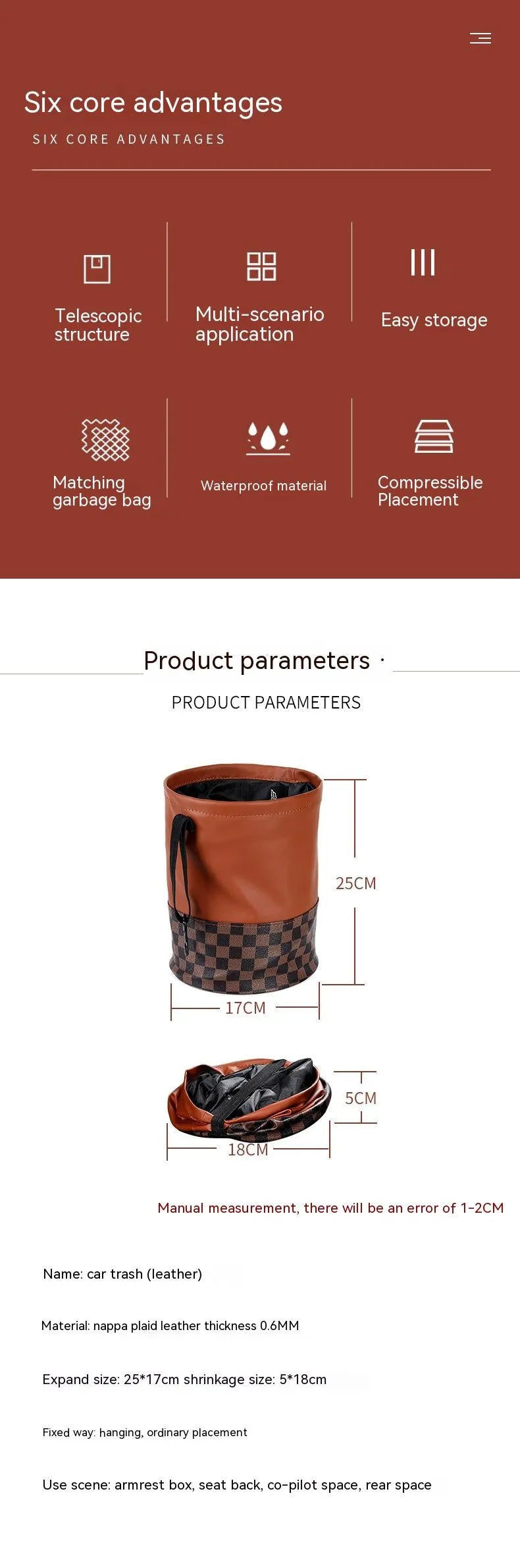 Black leather folding car bin with retractable handle and waterproof lining for vehicle waste collection