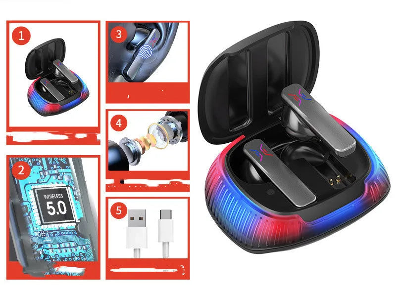 Hall Flashing wireless gaming earplug headset in black or white with Type-C cable.