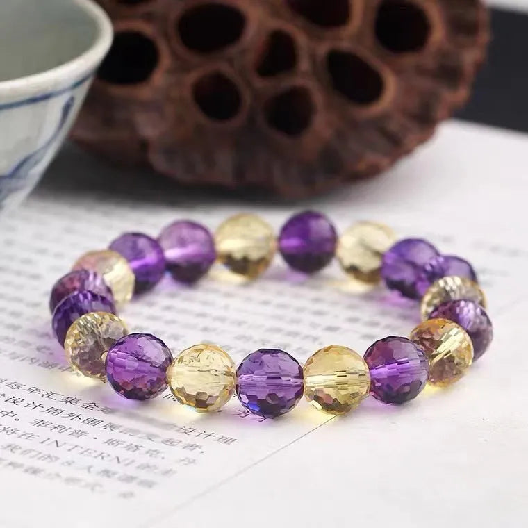 Handmade 128-facet crystal ametrine bracelet with detailed bead cutting and optional charm