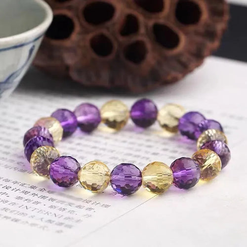 Handmade 128-facet crystal ametrine bracelet with detailed bead cutting and optional charm