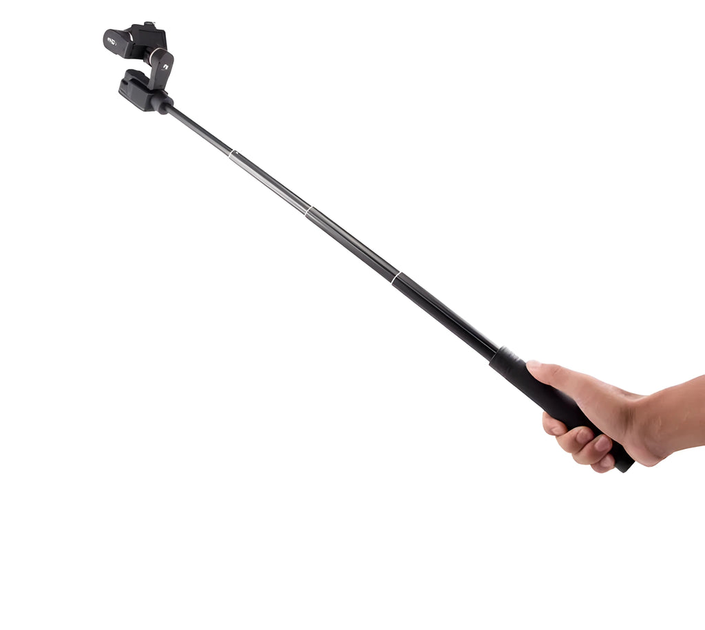 Black retractable selfie stick with hand-held stabiliser extended for smartphone photography