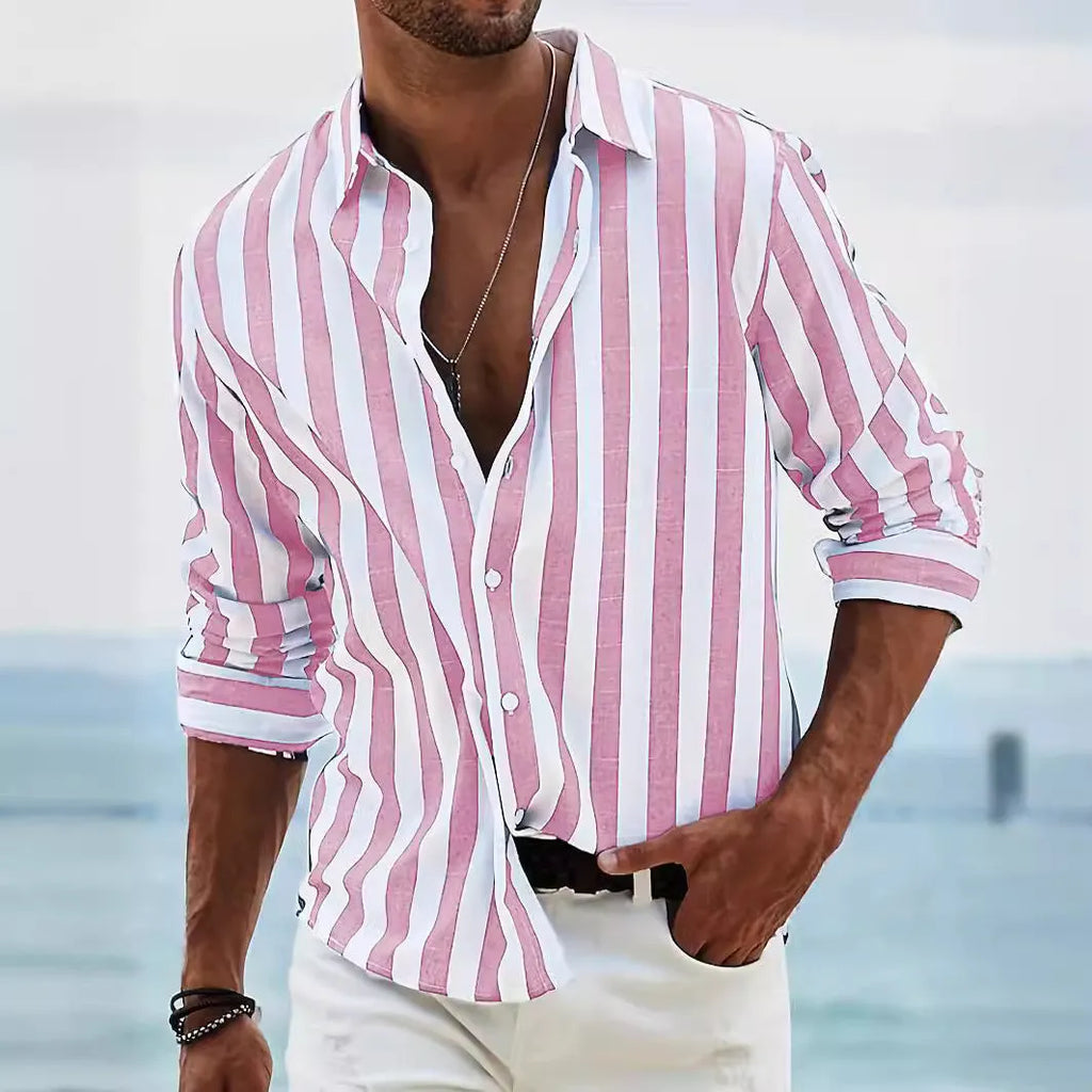 Men's yarn-dyed striped loose fit long-sleeved shirt in British style cardigan cut