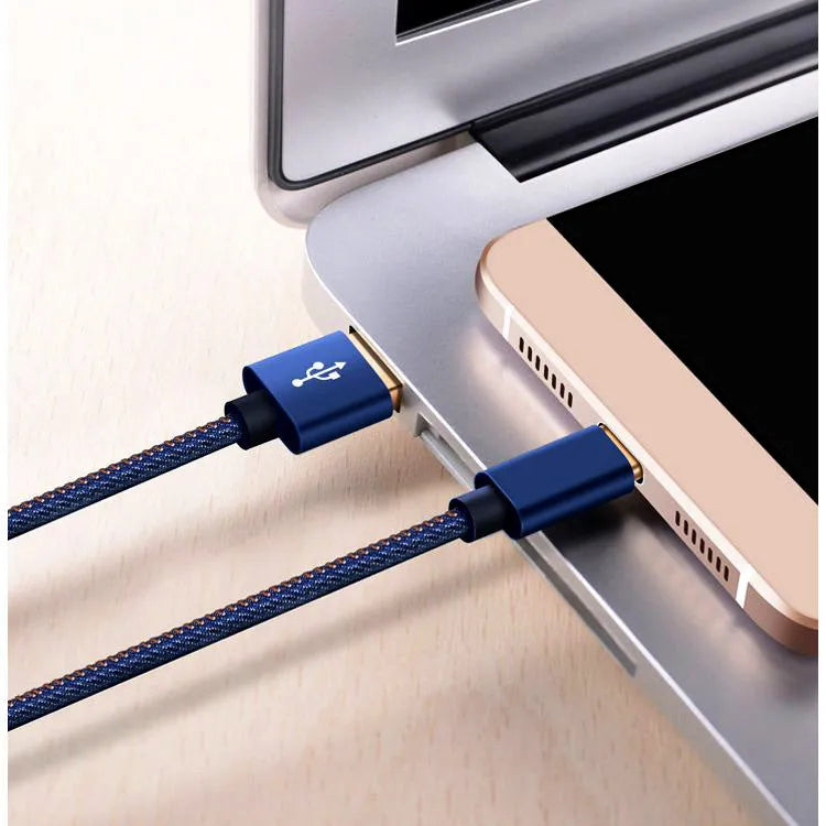 Cowboy-style denim USB Type-C charging cable with aluminium connectors in black, blue, and red colour options