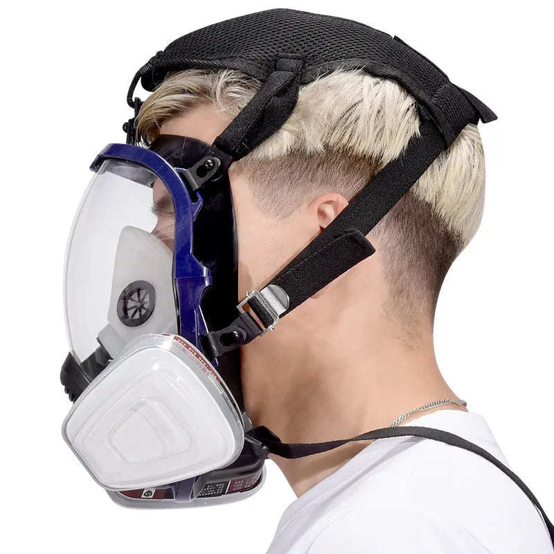 Blue edged silicone full face mask with trapezoidal canister connector for KN95 dust and poison protection