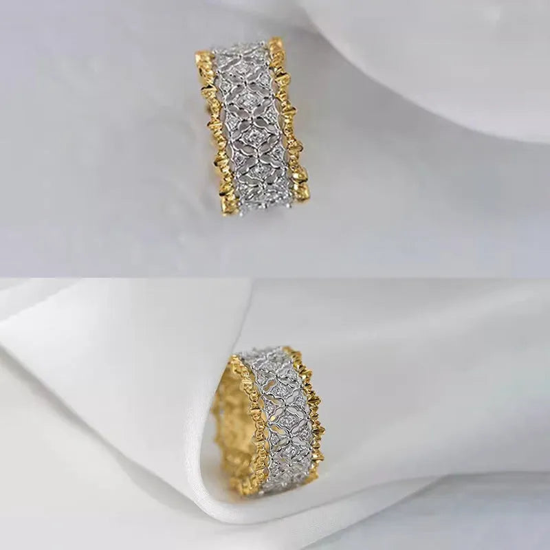 Geometric two-tone gold colour zircon copper ring showing round elements and electroplated finish